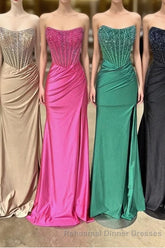 Strapless Mermaid Beaded Long Semi Formal Prom Dress With Slit
